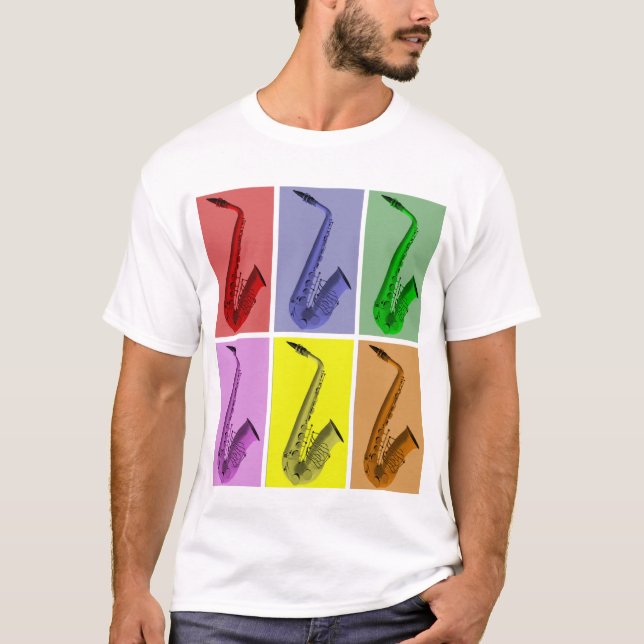 Collage of Colourful Saxophones Music T Shirt (Front)