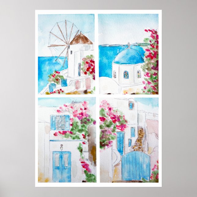 Collage of Greece watercolor painting Poster (Front)
