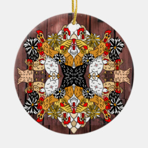 Collage of Hand Drawn Funny Chickens Ceramic Ornam Ceramic Ornament