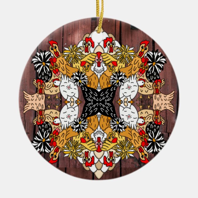 Collage of Hand Drawn Funny Chickens Ceramic Ornam Ornament (Front)