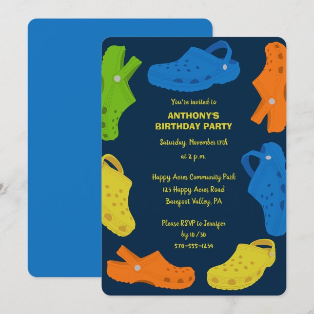 Collage of Plastic Shoes Navy Blue Birthday Party Invitation (Front/Back)