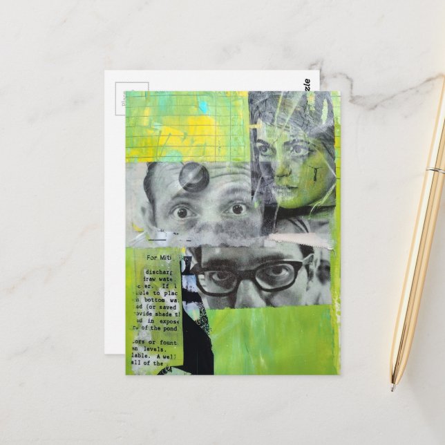 Collage of Random Vintage Faces on Green Postcard (Front/Back In Situ)