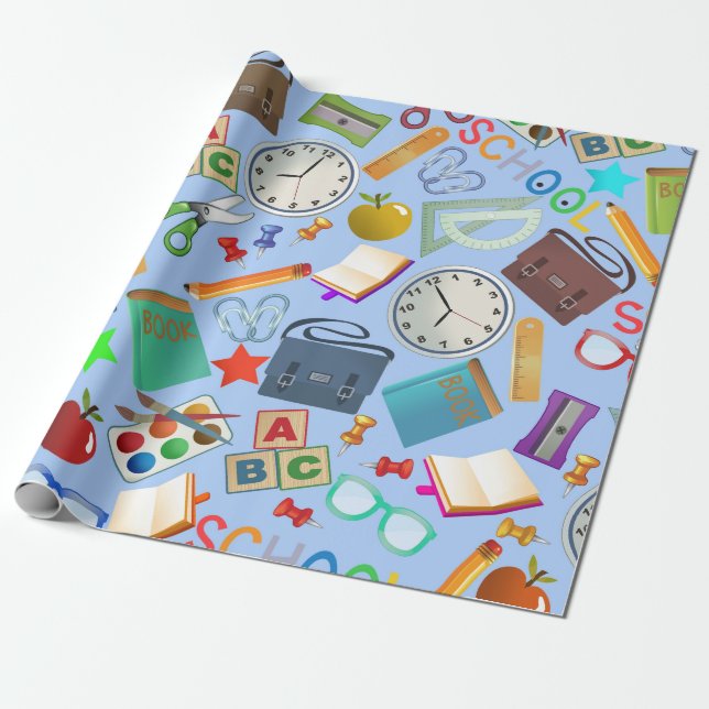 Collage of School Supplies Wrapping Paper (Unrolled)