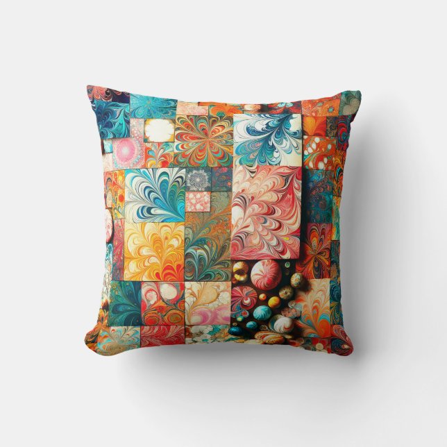 Collage of Vivid Marbled Patterns Throw Pillow (Front)