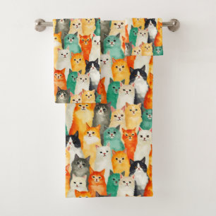 Collage of Watercolor Cats Pattern Bath Towel Set
