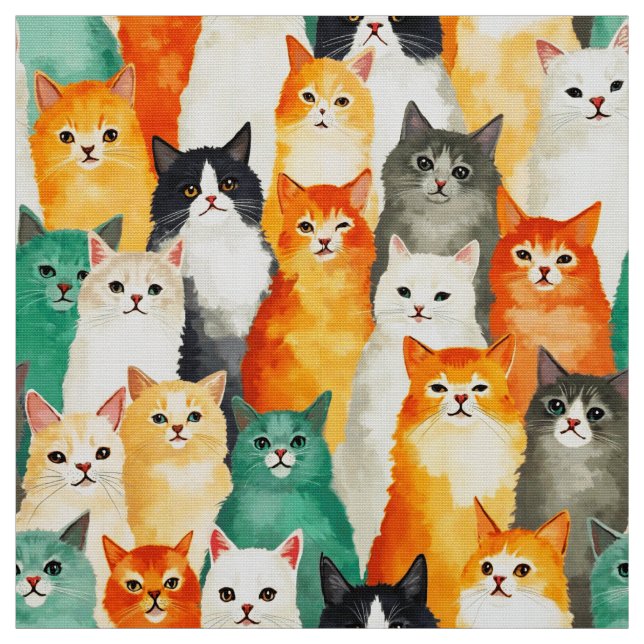 Collage of Watercolor Cats Pattern  Fabric (Swatch)