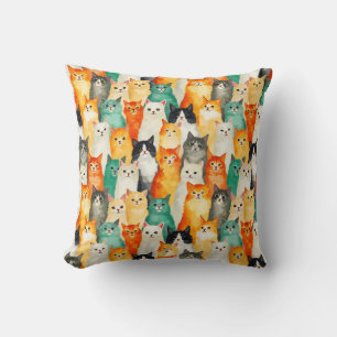 Collage of Watercolor Cats Pattern Throw Pillow