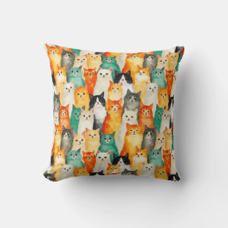 Collage of Watercolor Cats Pattern  Throw Pillow