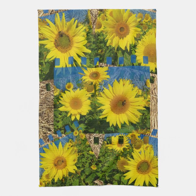 Collage of yellow sunflowers in summer, kitchen towel (Vertical)