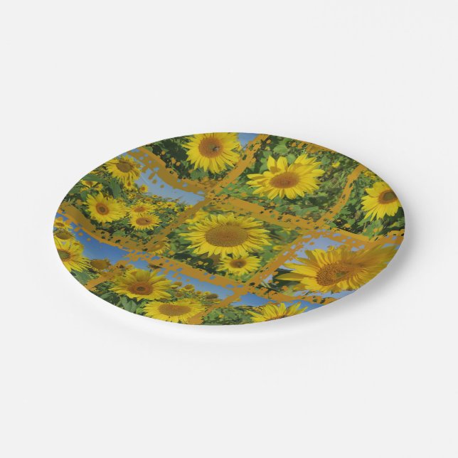 Collage of yellow sunflowers in summer paper plate (Angled)