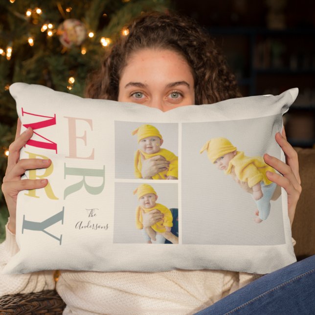 Collage Photo And Colourful Merry | Happy Holiday Lumbar Pillow (Creator Uploaded)