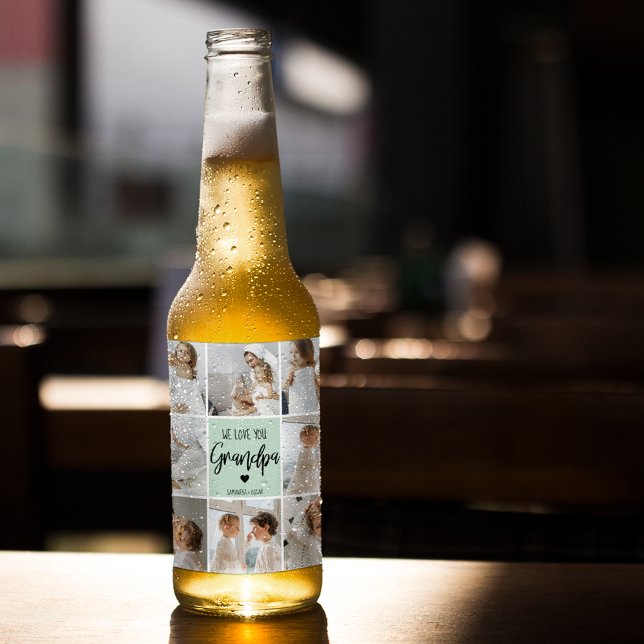 Collage Photo Best Grandpa Ever Pastel Mint Gift Beer Bottle Label (Creator Uploaded)