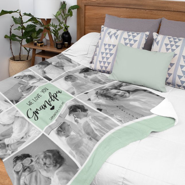 Collage Photo Best Grandpa Ever Pastel Mint Gift Fleece Blanket (Creator Uploaded)