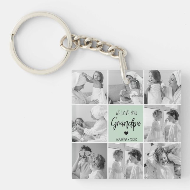 Collage Photo Best Grandpa Ever Pastel Mint Gift Keychain (Front)