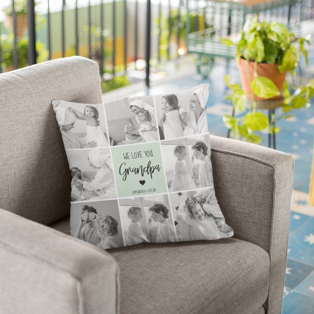 Collage Photo Best Grandpa Ever Pastel Mint Gift Outdoor Pillow (Creator Uploaded)