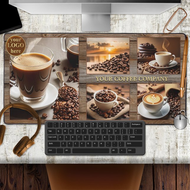 Collage photo de café rustique en bois (Desk mat for a coffee lover or coffee company with logo option and 5 custom photos on rustic wood)