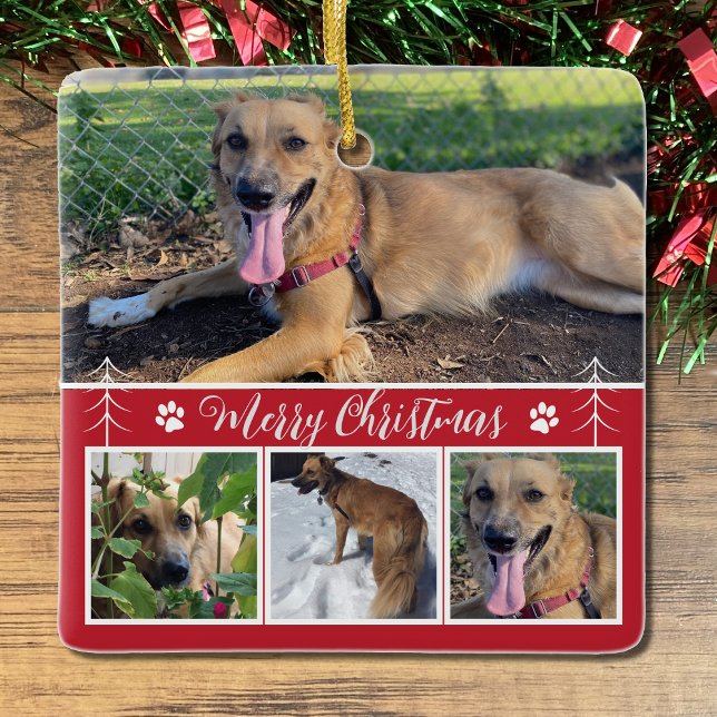 Collage photo de chien Ornement de Noël rouge (Add your dog favorite pictures to this ornament .)