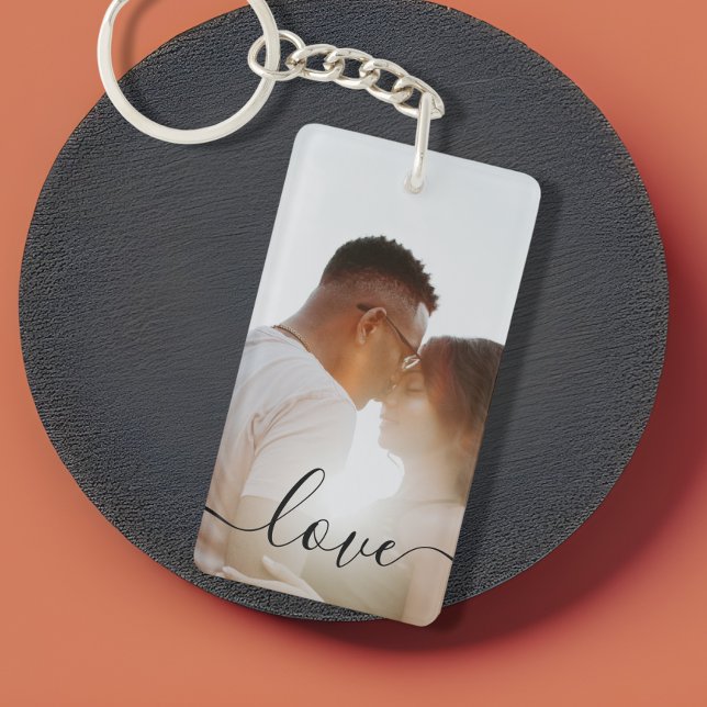 Collage photo et texte personnalisé (Make your own photo keyring. Features a scroll text saying LOVE. keyrings from Ricaso. Gift ideas)