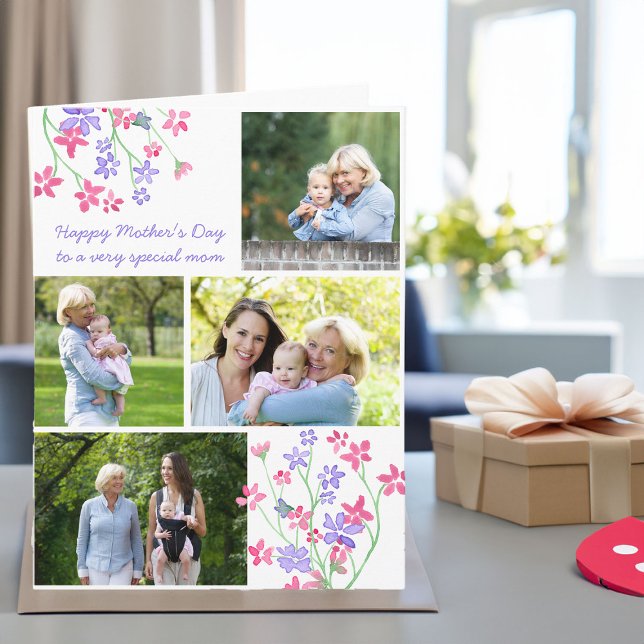 Collage photo Fleurs rose pâle Carte modifiable (Mothers day card with photo collage and dainty flowers)