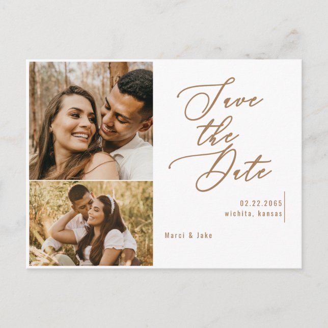 Collage Photo Gold Text Wedding Save the Date Postcard (Front)
