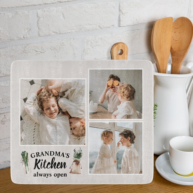 Collage Photo & Grandma Kitchen Is Always Open Cutting Board (Creator Uploaded)