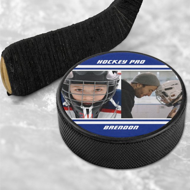 Collage photo Hockey Pro Bleu et blanc rayé (Hockey Pro Photo Collage Striped Blue & White Hockey Puck)