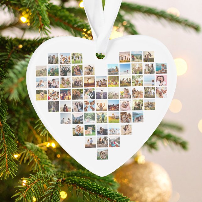 Collage photo minimaliste moderne en forme de coeu (Heart shaped photo collage acrylic ornament on Christmas tree)