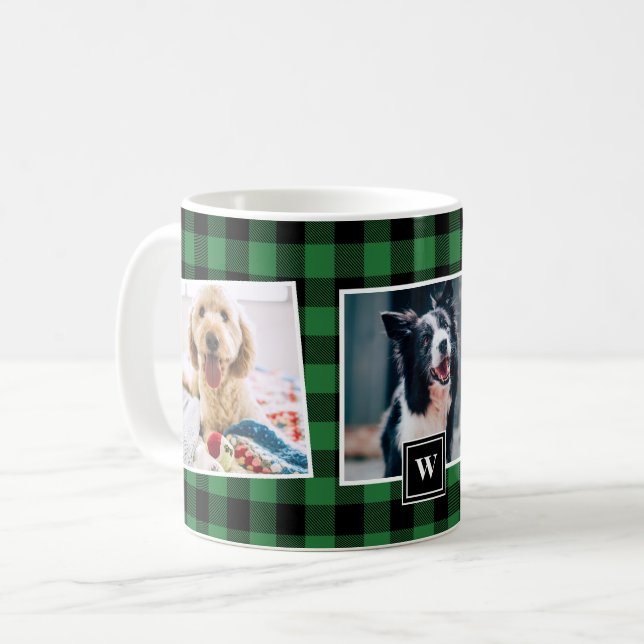 Collage photo Motif à plaid vert Monogramme Mug (Devant gauche)