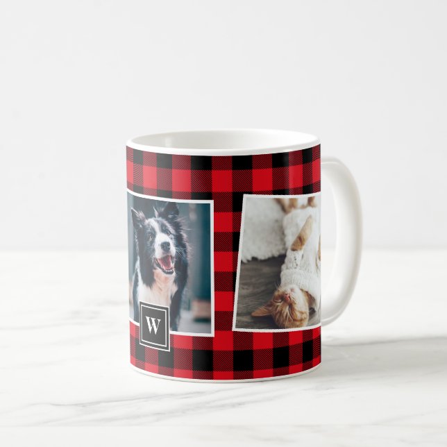Collage photo Motif rouge Monogramme Mug (Devant droit)