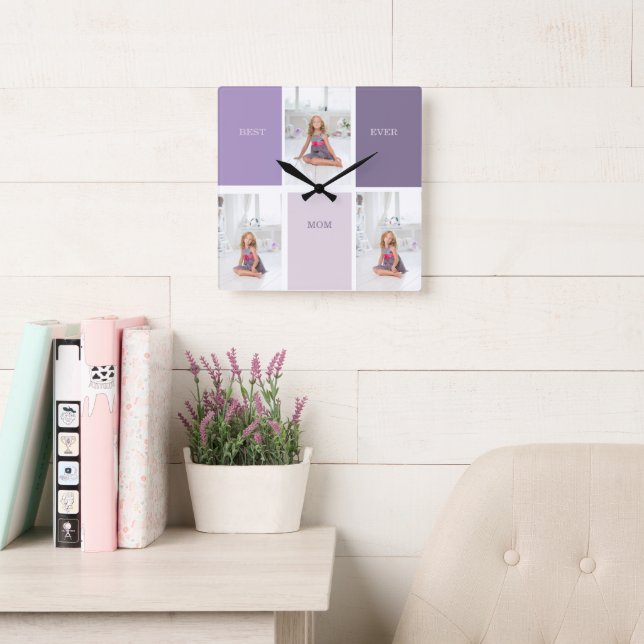 Collage Photo Purple Best Mom Ever Gift Square Wall Clock (Reading Room)