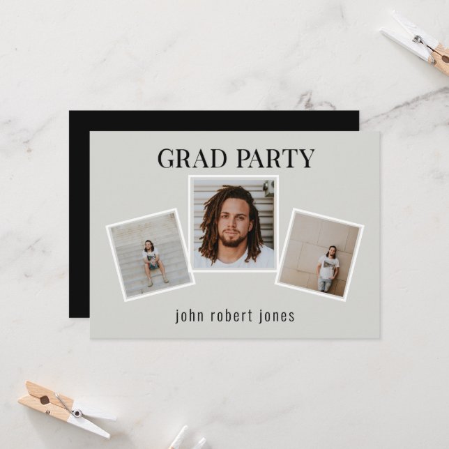 Collage Photos Tan & Black Graduation Party Invitation (Front/Back In Situ)