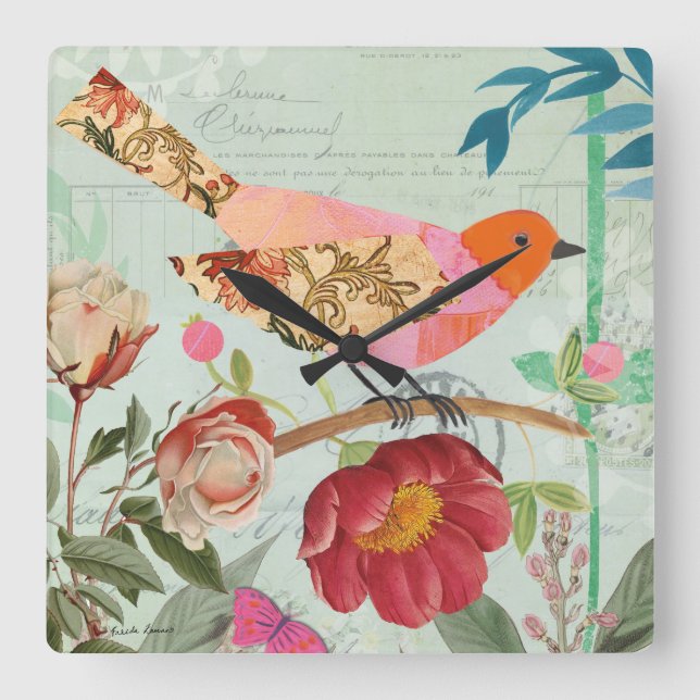 Collage-Style Songbird Square Wall Clock (Front)