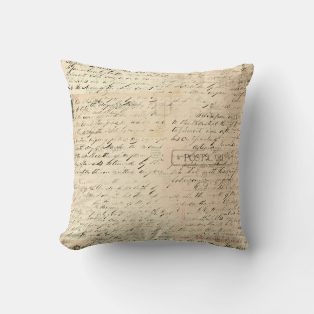 Collage Vintage Postcards Script Throw Pillow (Front)
