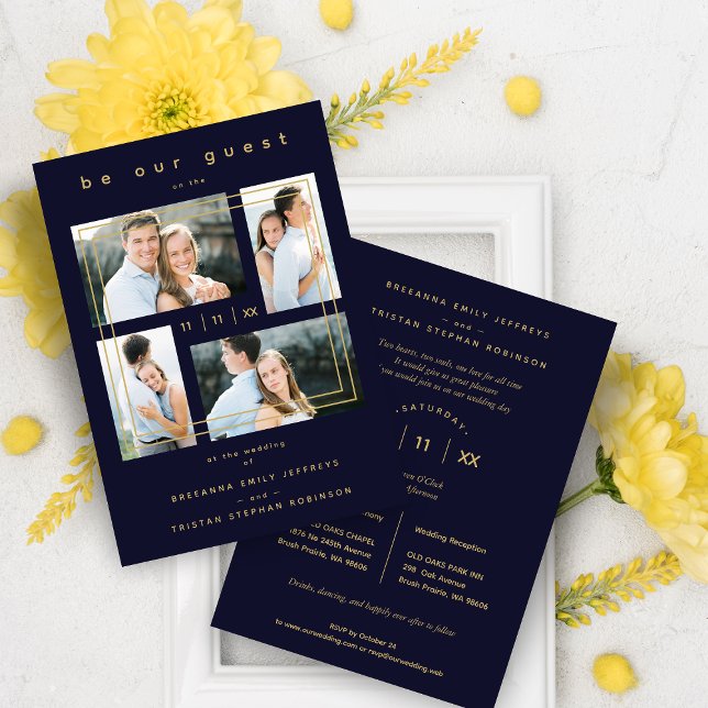 Collage Wedding 4 photos Navy Blue Trendy  Invitation (Creator Uploaded)