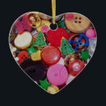 Collage with Christmas Tree Buttons, Ornament<br><div class="desc">A cute heart shaped ornament with a collage of Christmas themed buttons including Christmas trees and stars.</div>