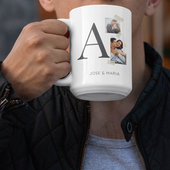 Collaged Initial Stories Coffee Mug (White base mug showcasing serif initial, two photos, and subtle washi tape detailing.)