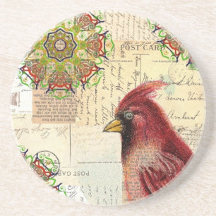 Collaged Old Papers And Cardinal Coaster