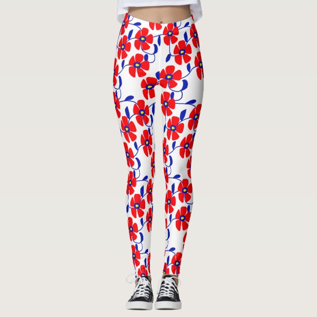 Collants Fleurs Rouges Vignes Bleues (Devant)