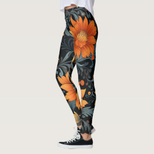 Collants noirs avec des fleurs orange vibrantes 