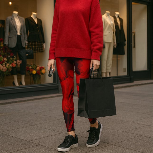 Collants rose rouge avec impression noire partout (Bold red rose leggings meet luxe red cashmere city chic with keys in hand and style in stride.)