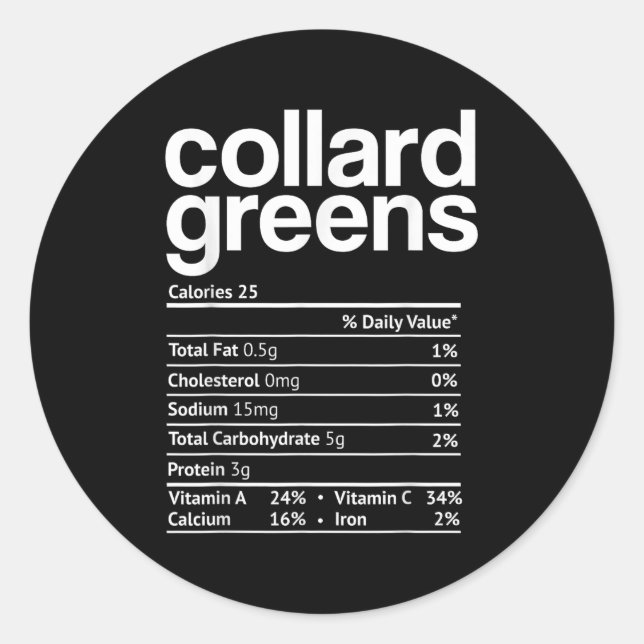 Collard Greens Nutrition Facts Funny Thanksgiving  Classic Round Sticker (Front)