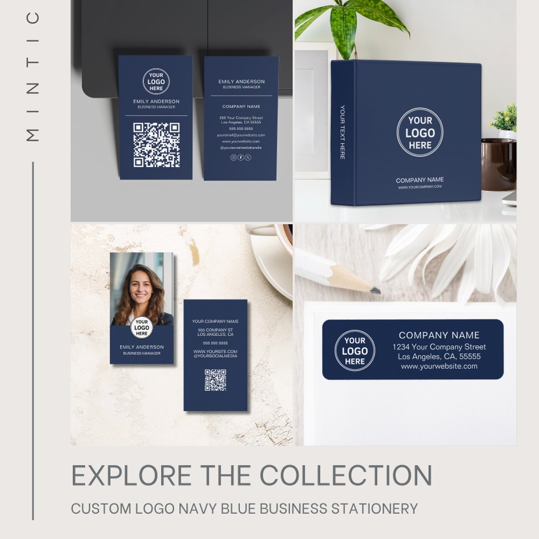 Modern Personalized Logo QR Navy Blue Business Card | Zazzle