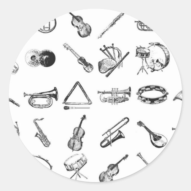 Collection of classical musical instruments classic round sticker (Front)