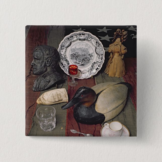 Collection of objects, including a cup 2 inch square button (Front)