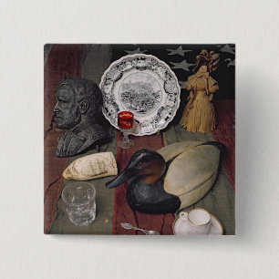 Collection of objects, including a cup 2 inch square button