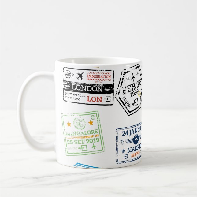 Collection of Passport Stamps Isolated on White. V Coffee Mug (Left)
