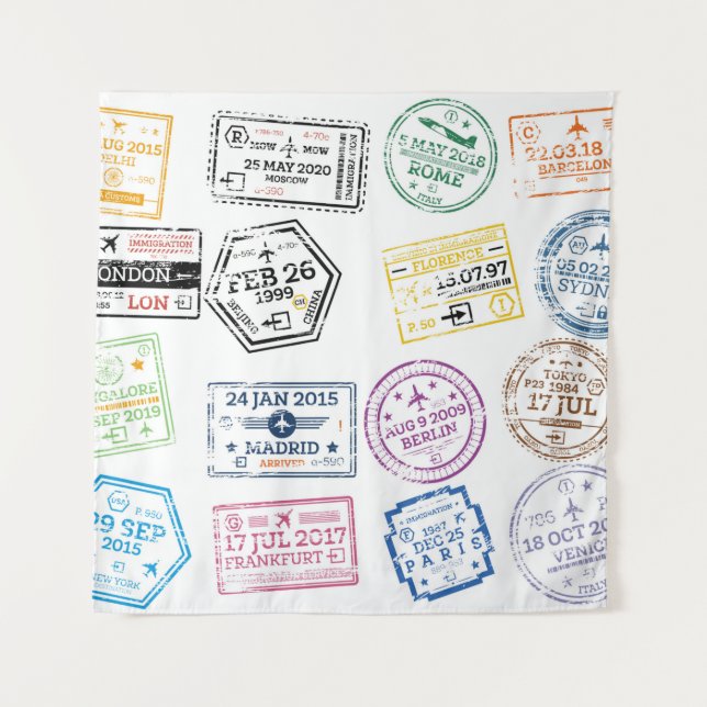 Collection of Passport Stamps Isolated on White. V Tapestry (Front)