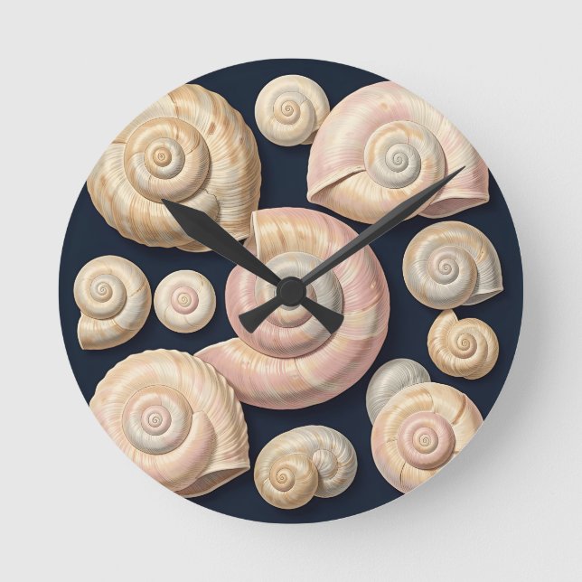 Collection of Spiral Seashells Beige Pink Nautical Round Clock (Front)