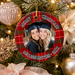 College Besties photo red plaid tartan Ceramic Ornament