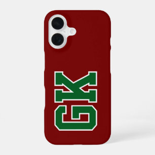 College Burgundy Green Varsity Monogram Initials iPhone 16 Case